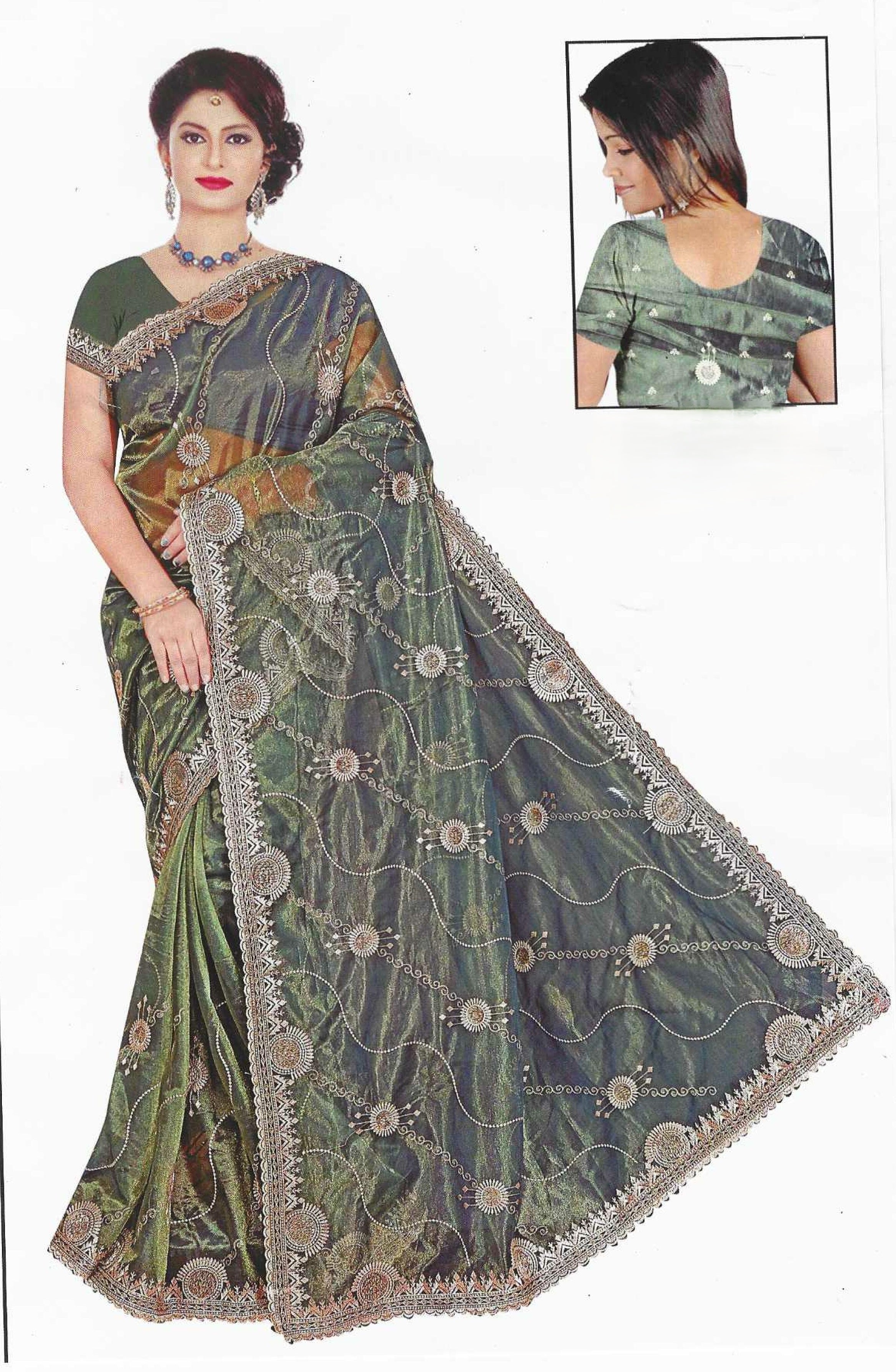 Olive Green Gold Zari Organza Saree