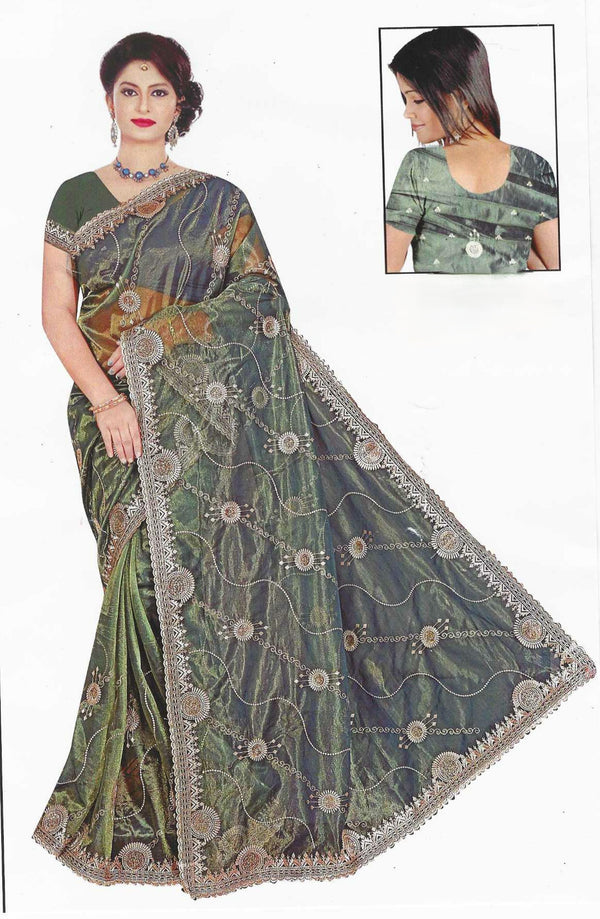 Olive Green Gold Zari Organza Saree