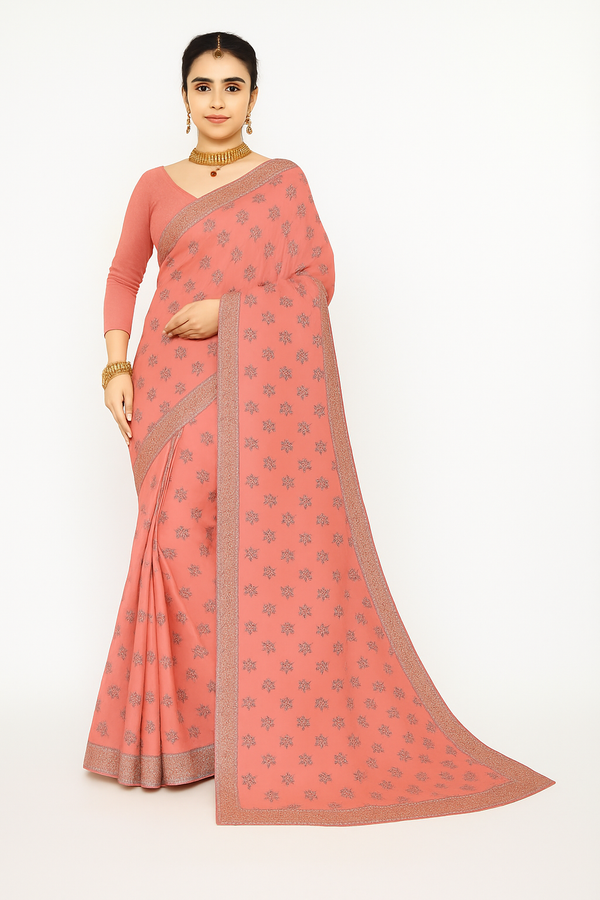 Peach Pink Silver Zari Woven Silk Saree