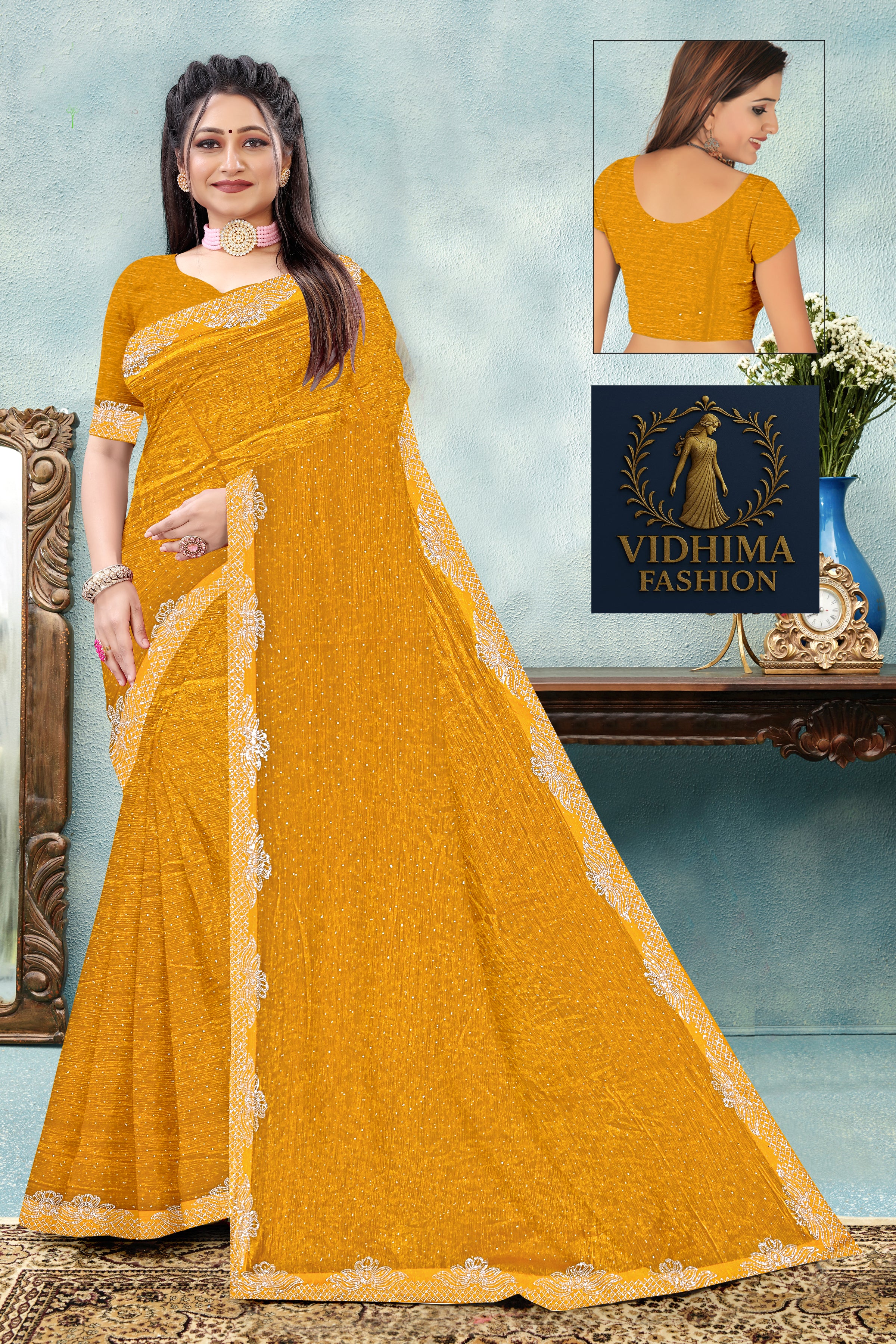 Golden Mustard Silk Saree with Elegant Lace Border