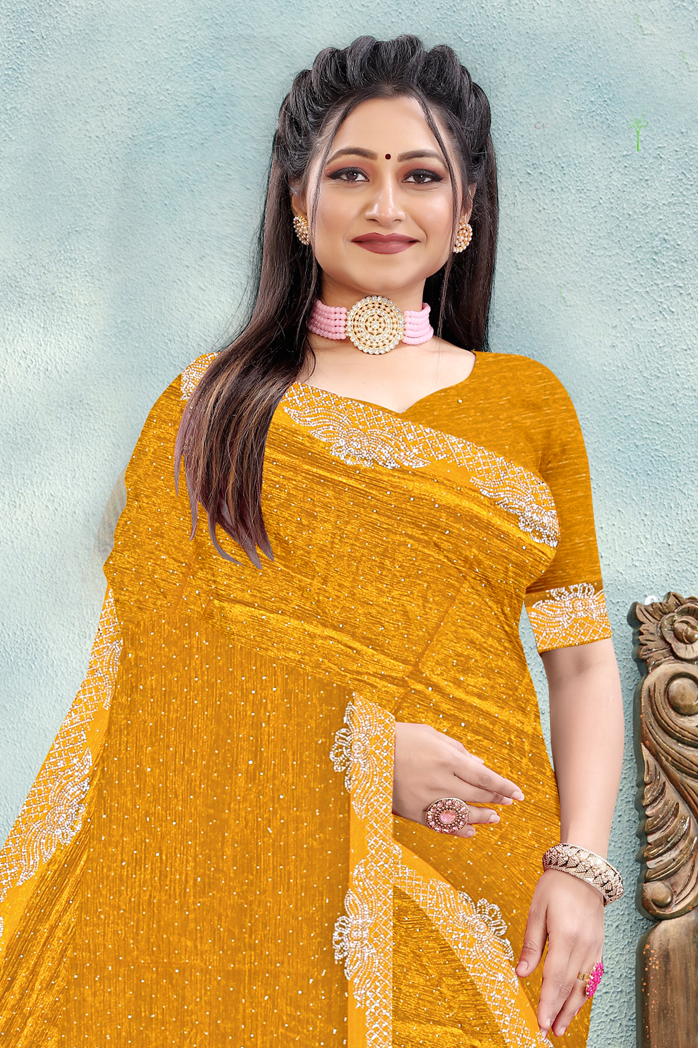 Golden Mustard Silk Saree with Elegant Lace Border