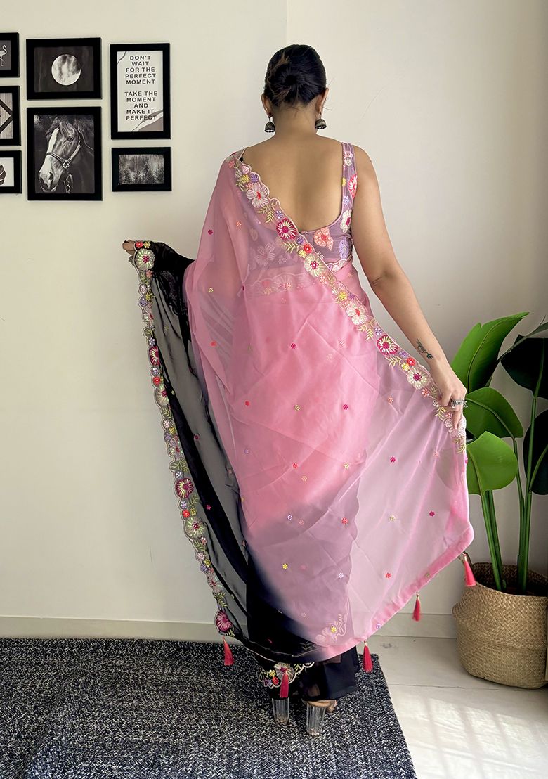 Midnight Rose – Ombre Pink & Black Embroidered Saree
