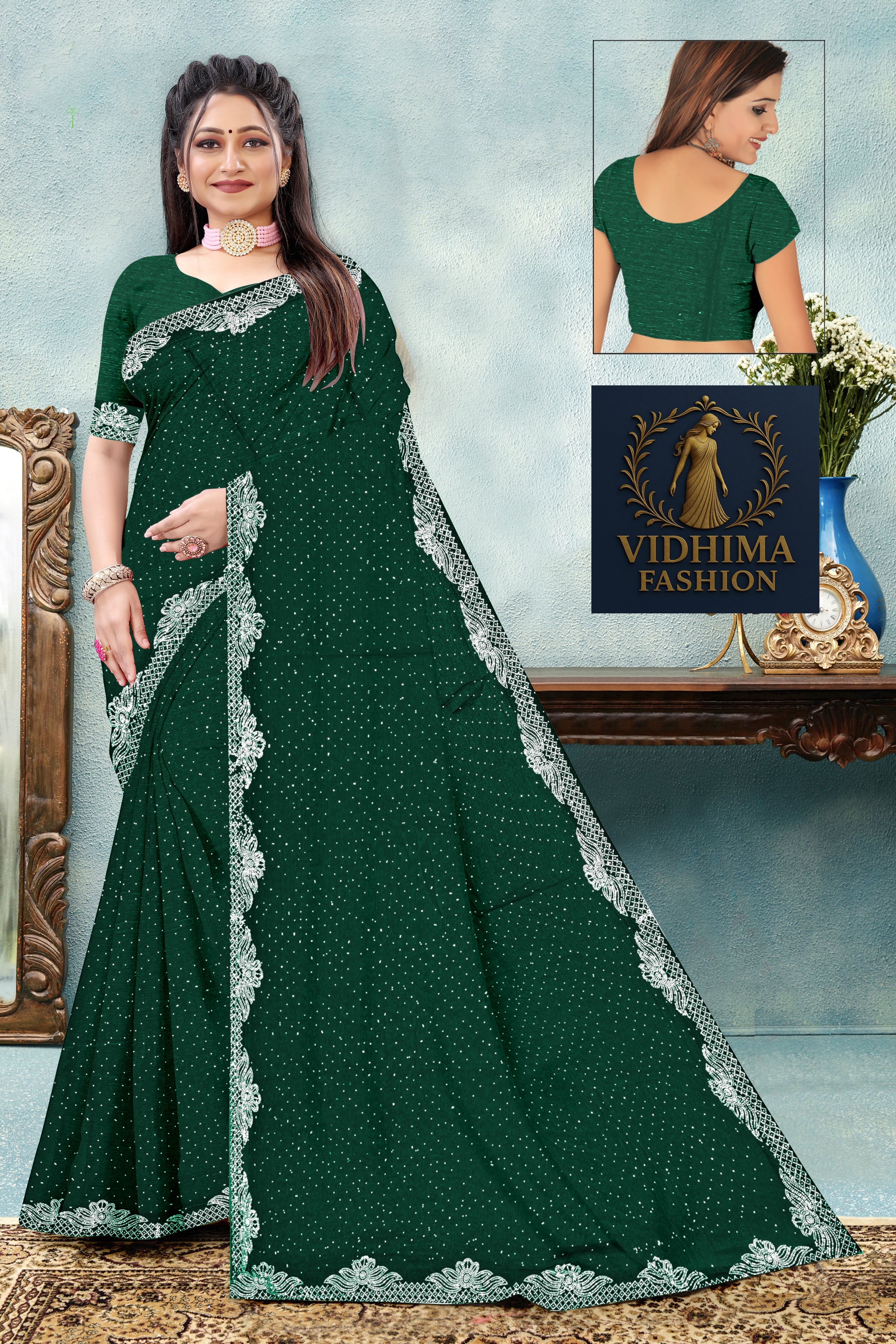 Emerald Green Silk Saree with White Embroidered Lace Border