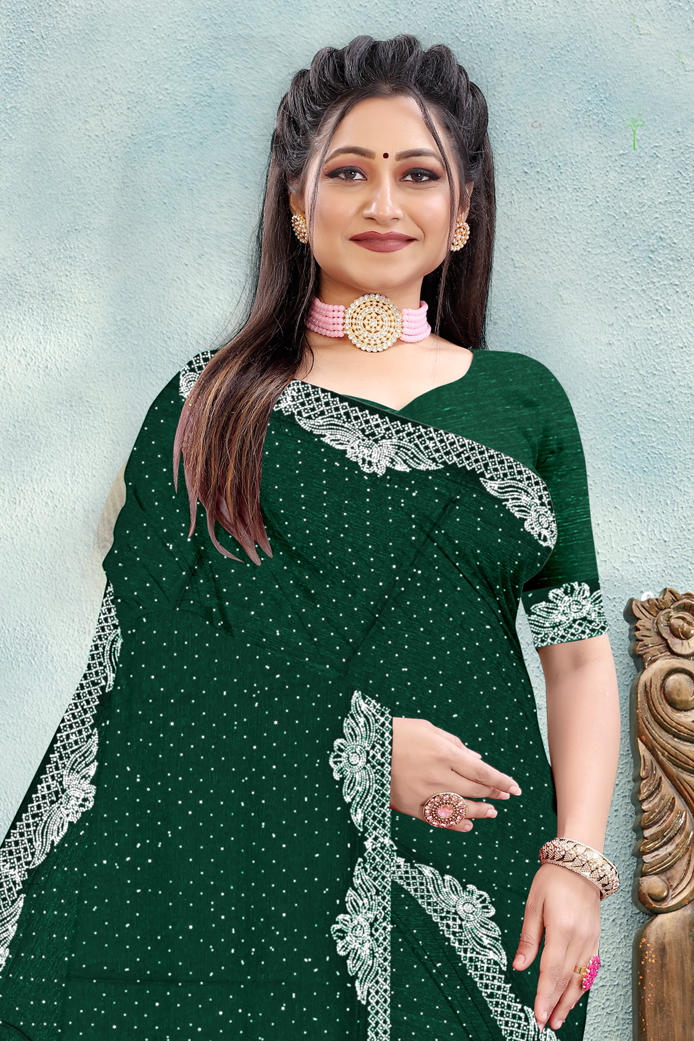 Emerald Green Silk Saree with White Embroidered Lace Border
