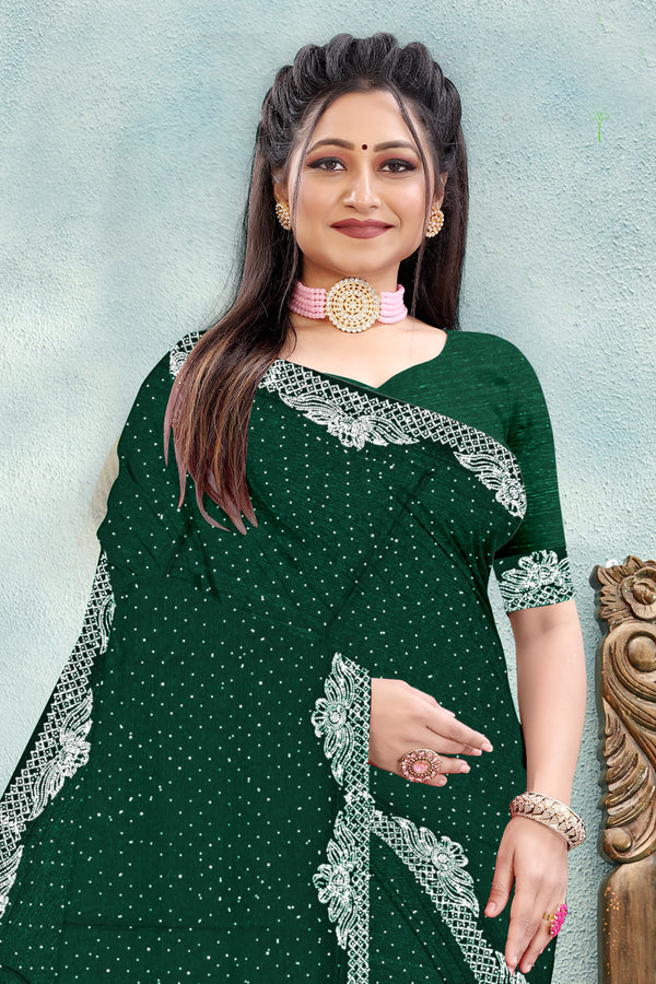 Emerald Green Silk Saree with White Embroidered Lace Border