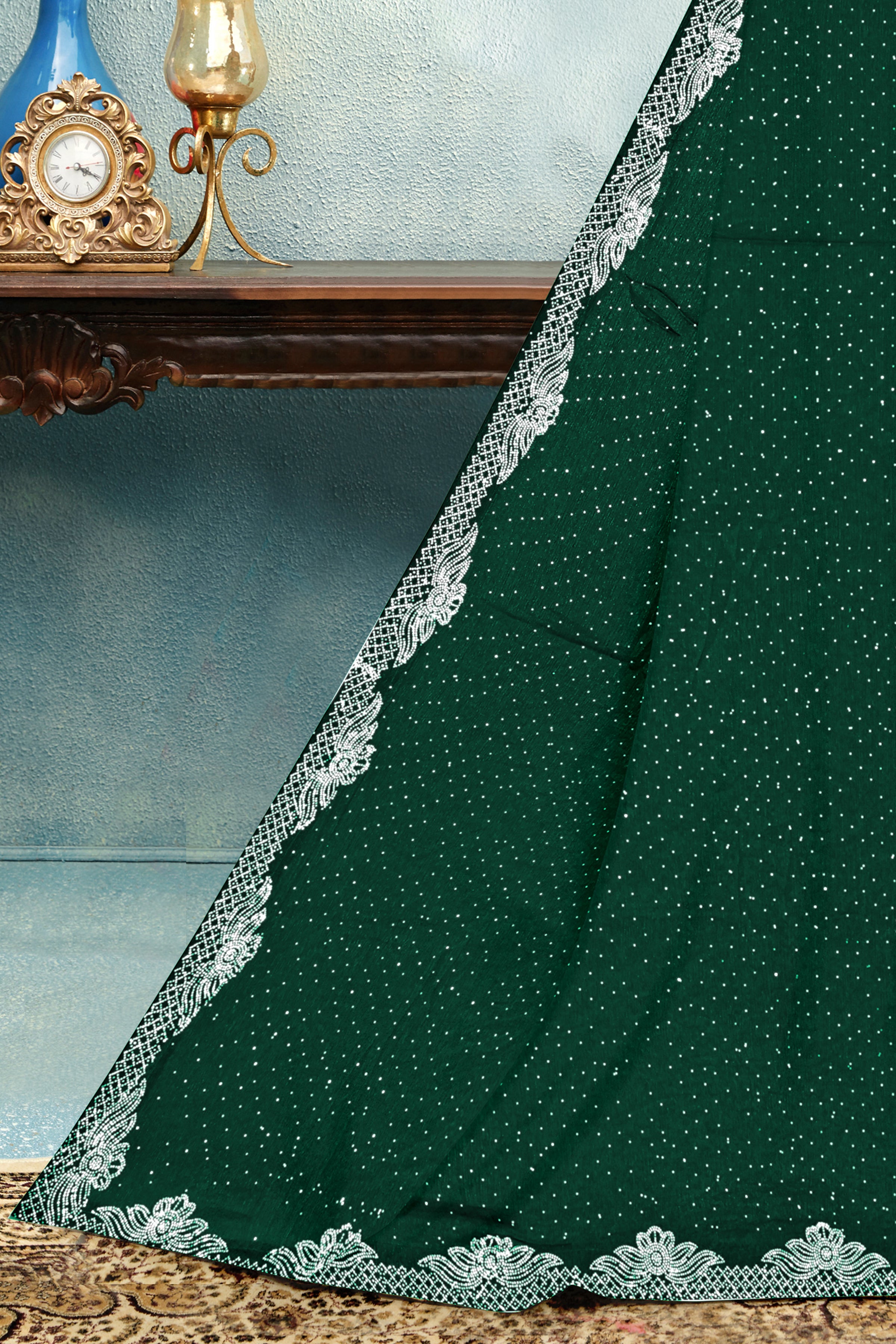 Emerald Green Silk Saree with White Embroidered Lace Border