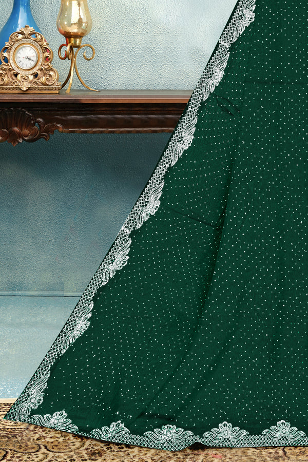 Emerald Green Silk Saree with White Embroidered Lace Border