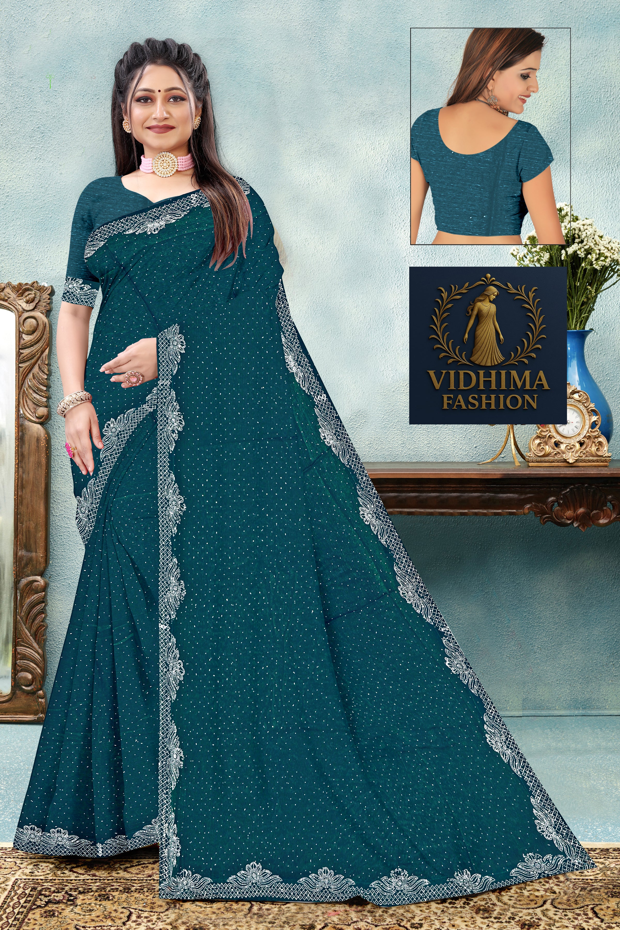 Teal Blue Silk Saree with White Embroidered Lace Border
