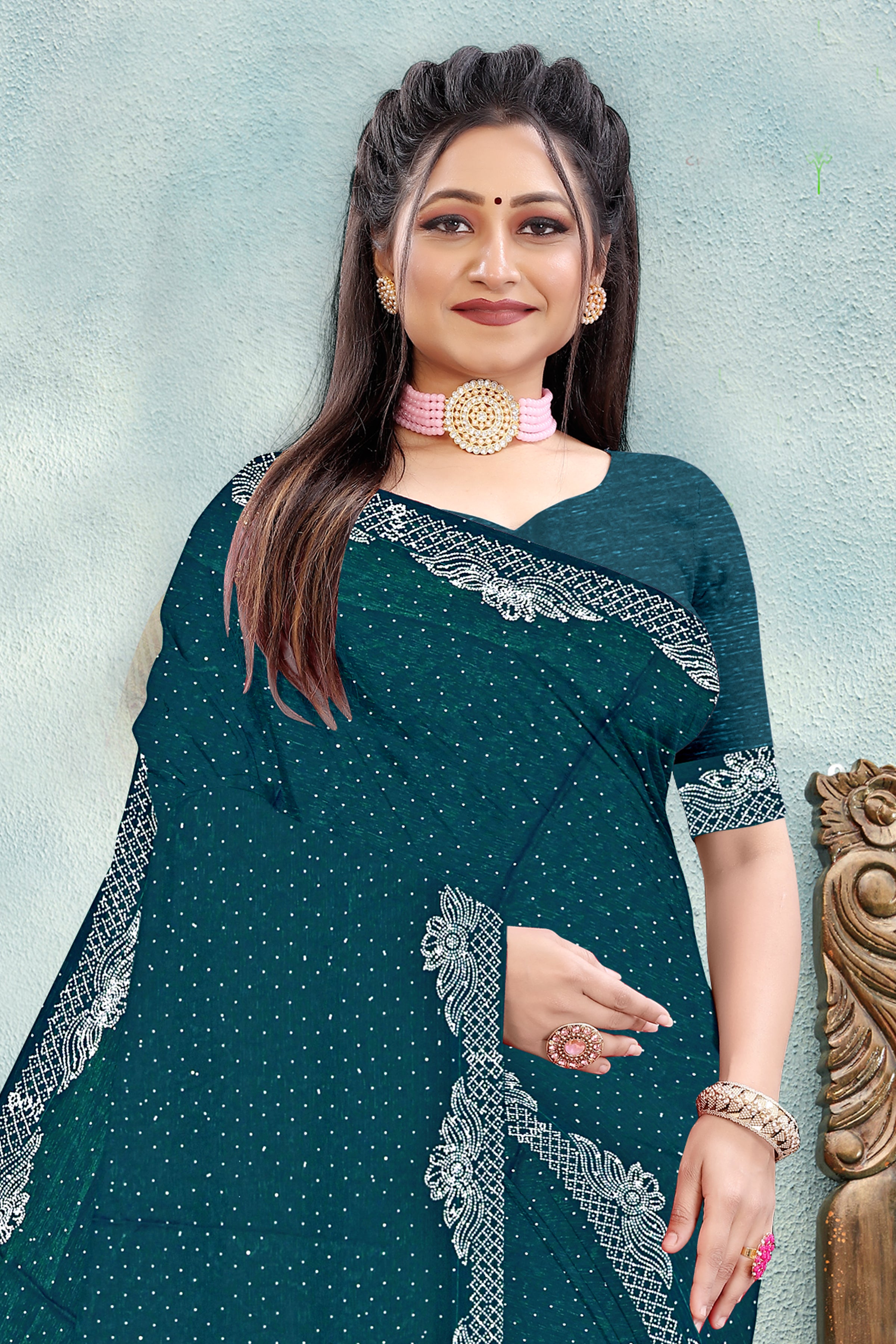 Teal Blue Silk Saree with White Embroidered Lace Border