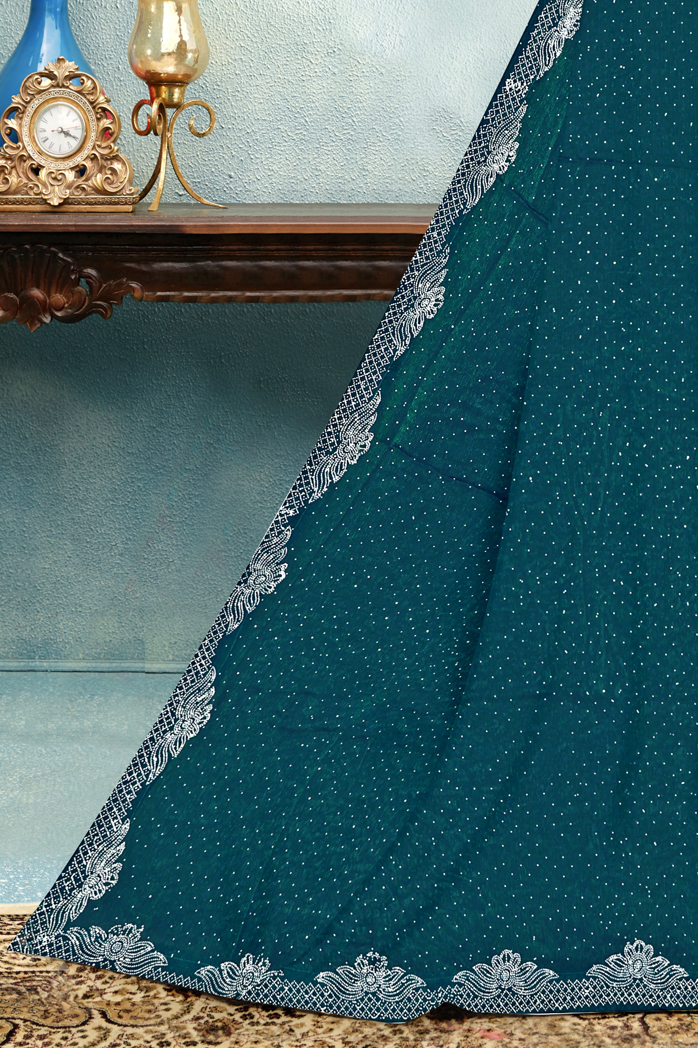Teal Blue Silk Saree with White Embroidered Lace Border