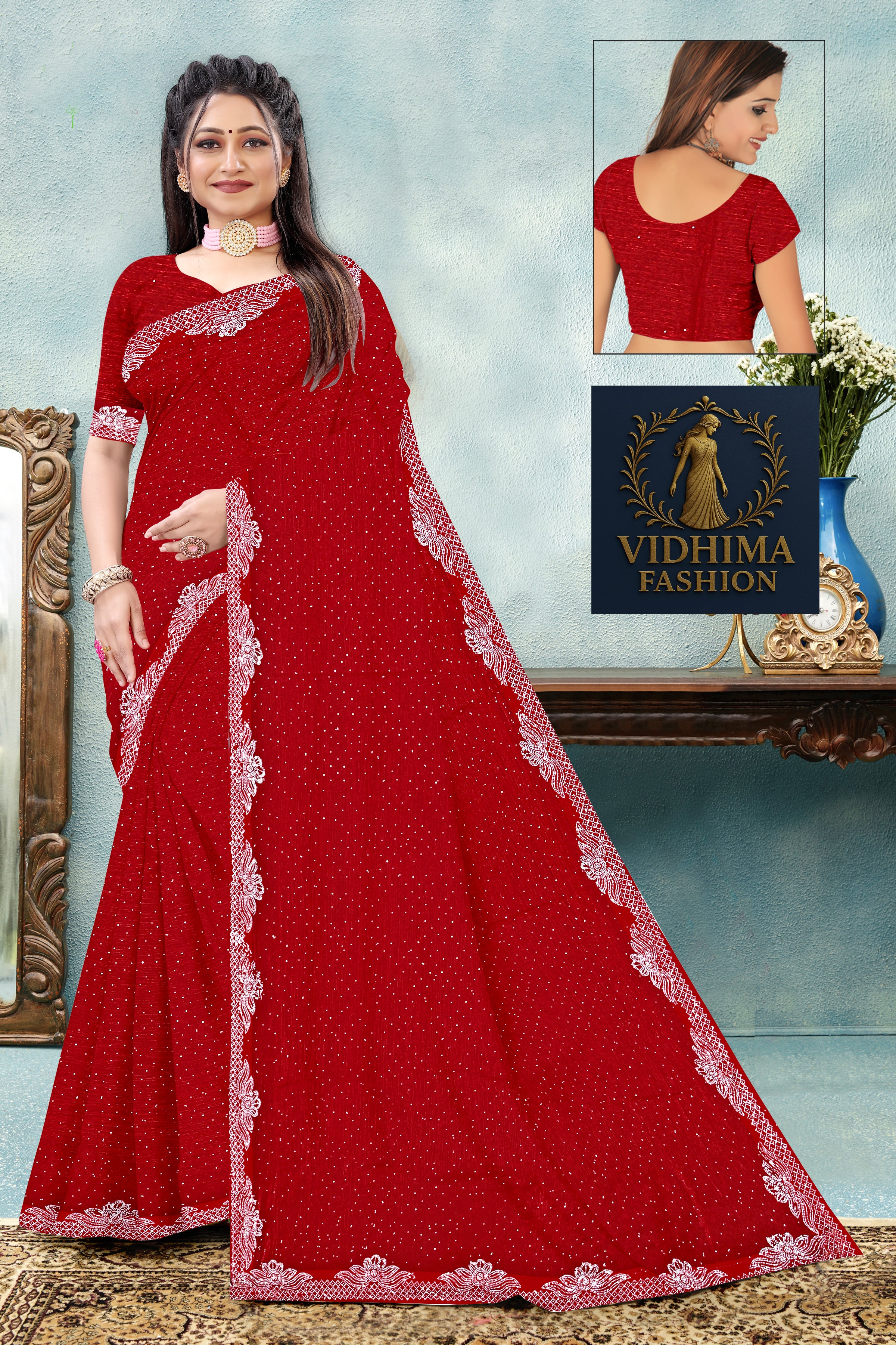 Crimson Red Silk Saree with Elegant White Embroidered Lace Border