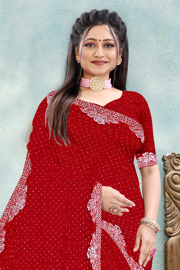 Crimson Red Silk Saree with Elegant White Embroidered Lace Border