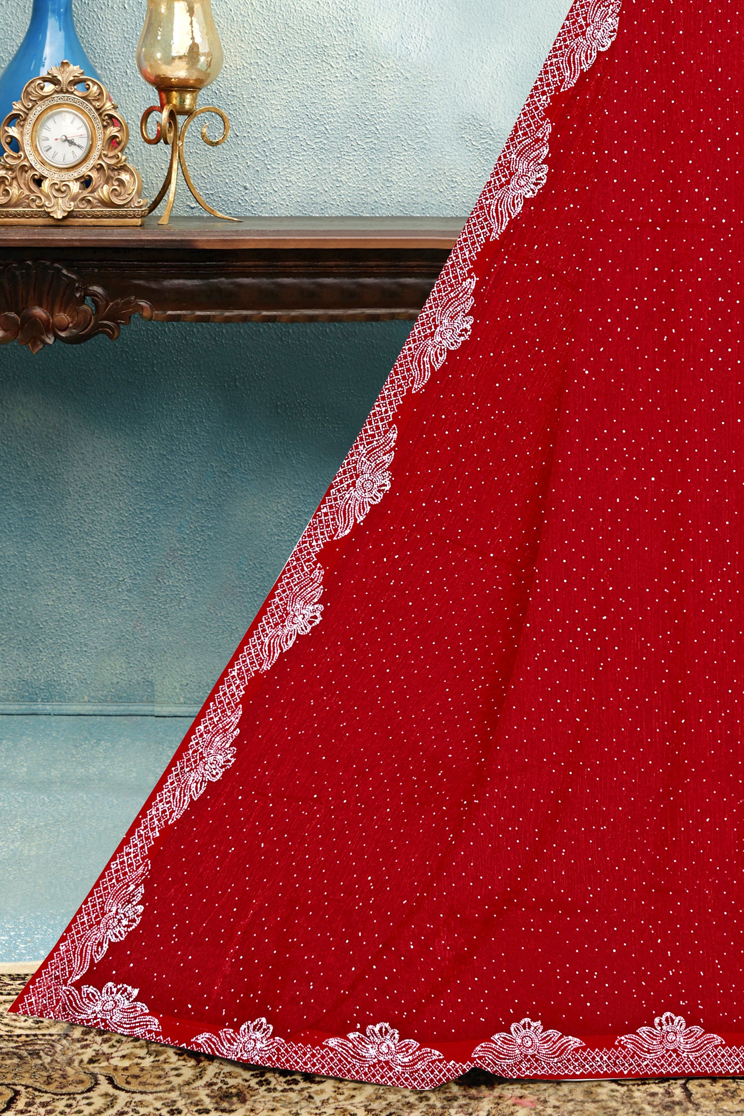 Crimson Red Silk Saree with Elegant White Embroidered Lace Border