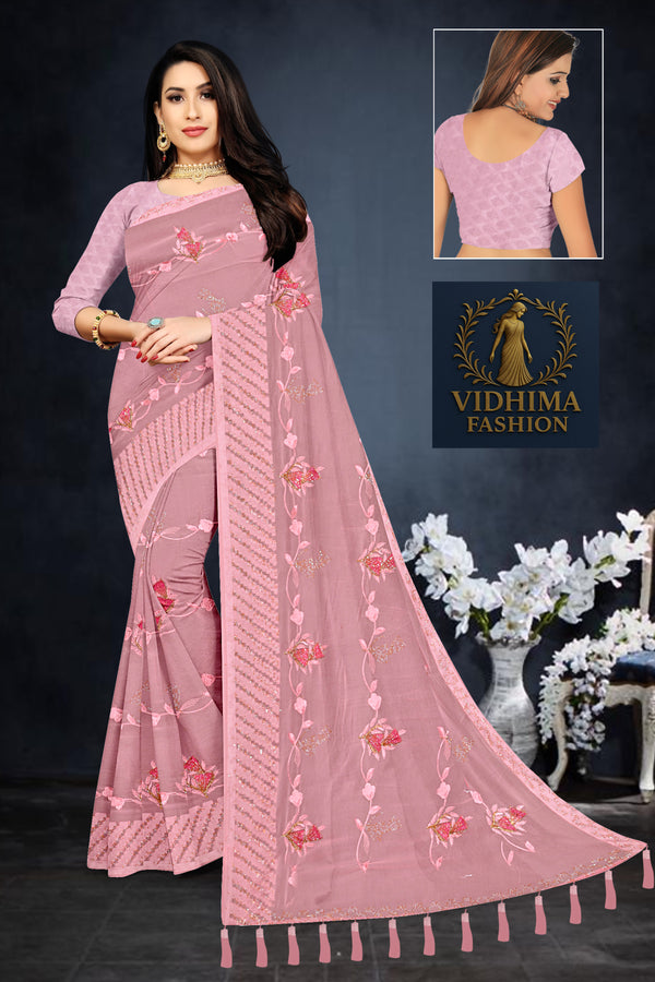 Dusty Rose Pink Embroidered Georgette Saree