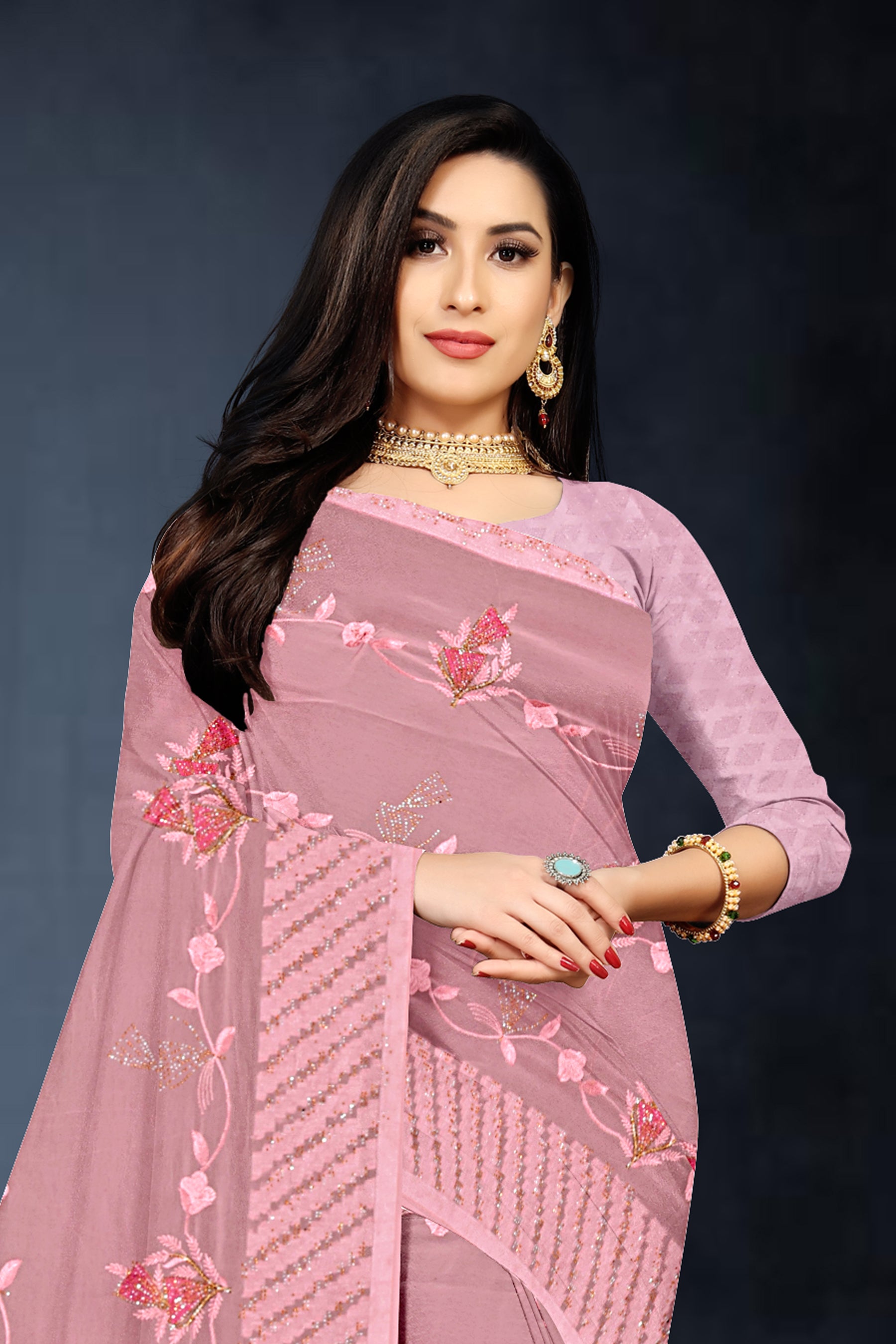Dusty Rose Pink Embroidered Georgette Saree