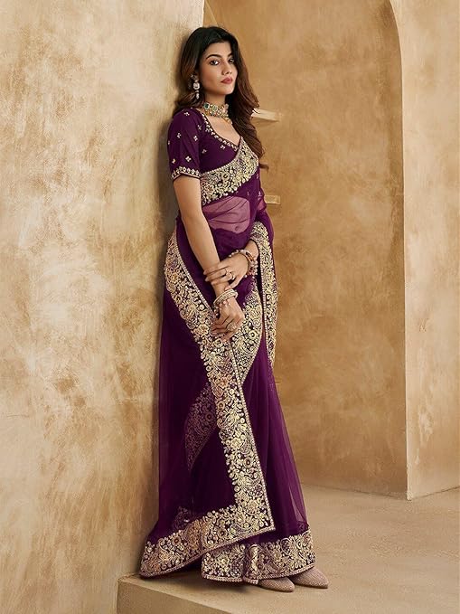 Royal Amethyst – Velvet Touch Net Saree with Zari Embroidery