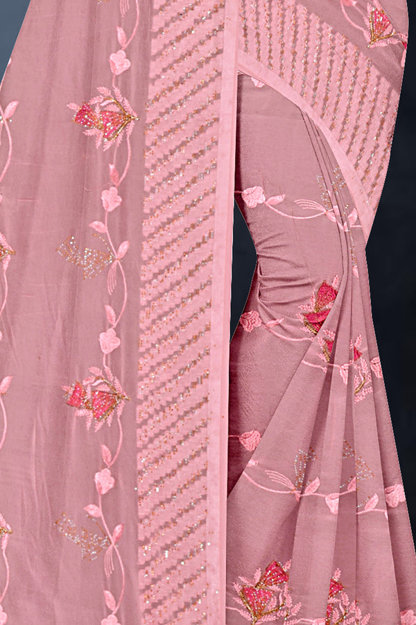 Dusty Rose Pink Embroidered Georgette Saree