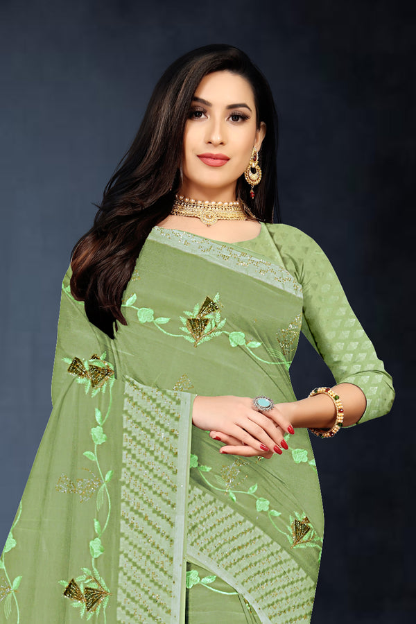 Pastel Green Floral Embroidered Georgette Saree
