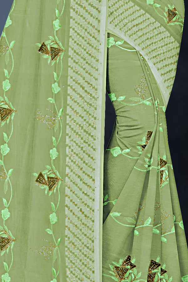 Pastel Green Floral Embroidered Georgette Saree