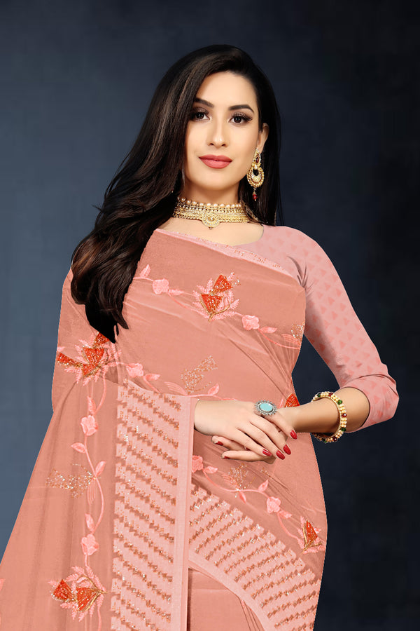 Peach Pink Floral Embroidered Georgette Saree