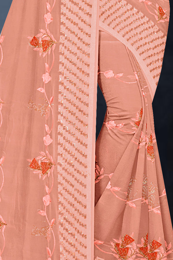 Peach Pink Floral Embroidered Georgette Saree