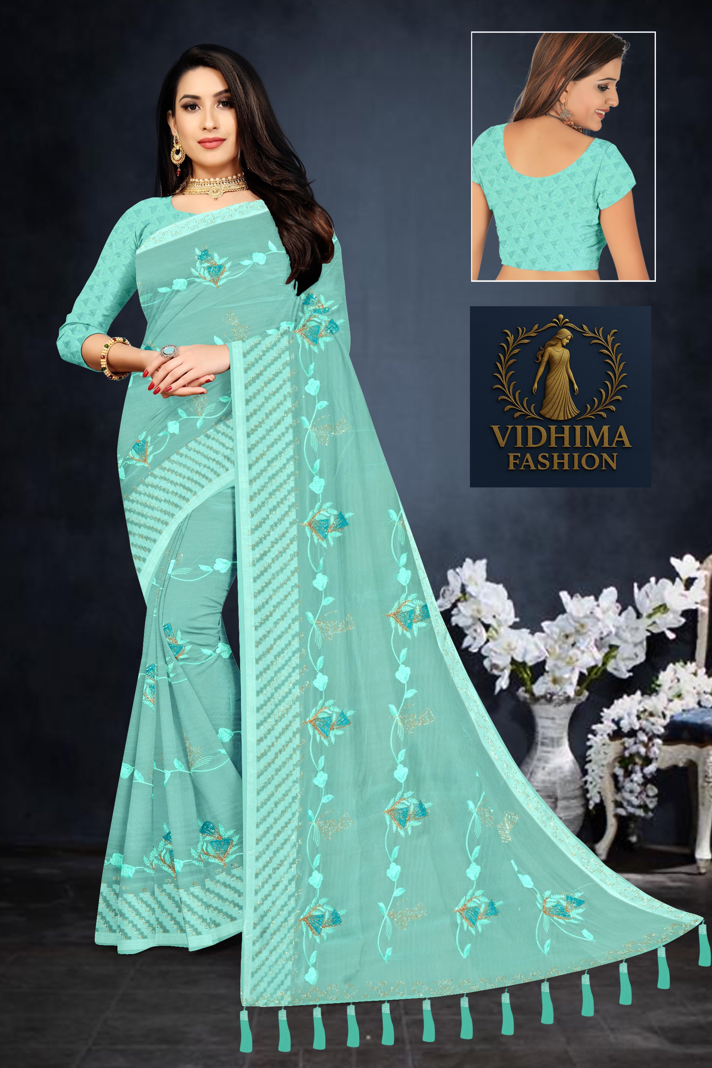 Aqua Blue Floral Embroidered Georgette Saree