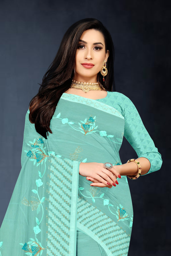 Aqua Blue Floral Embroidered Georgette Saree