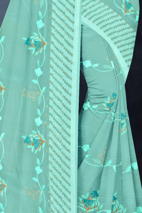 Aqua Blue Floral Embroidered Georgette Saree