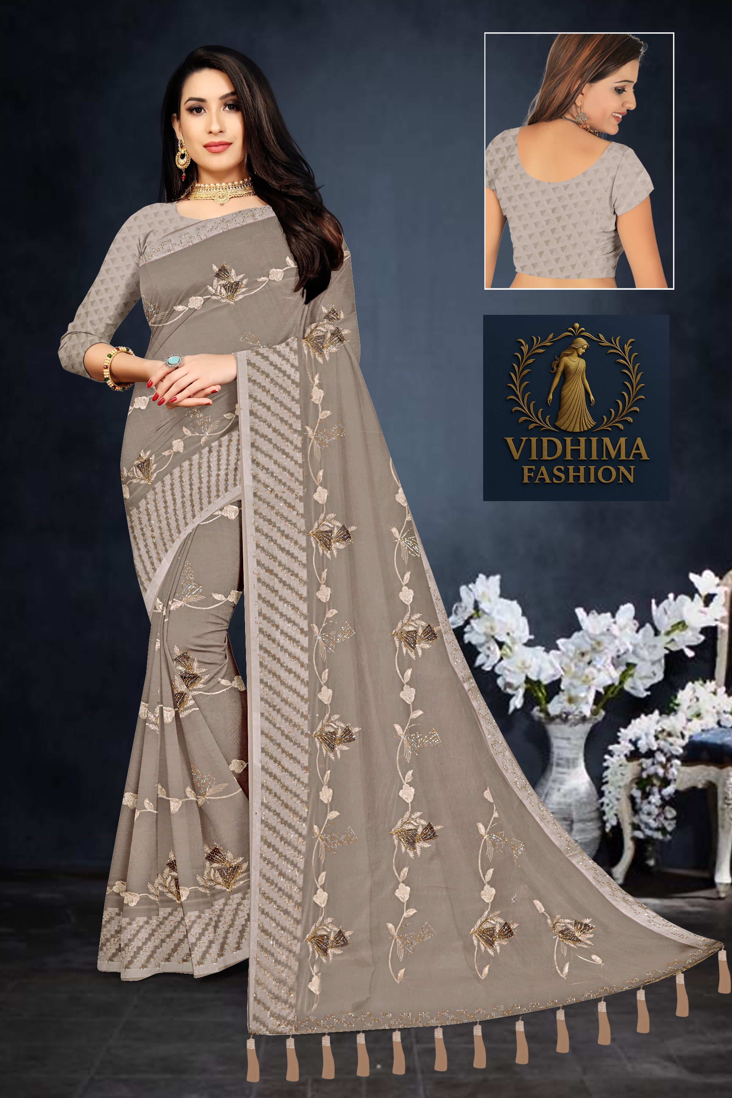 Taupe Grey Floral Embroidered Georgette Saree