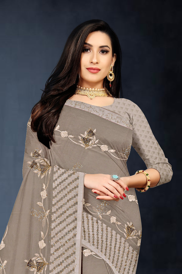 Taupe Grey Floral Embroidered Georgette Saree