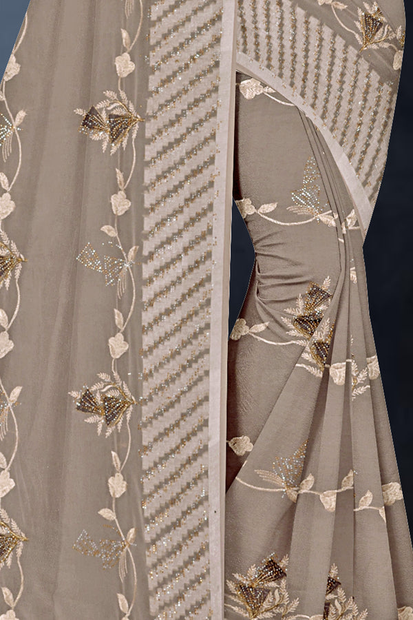 Taupe Grey Floral Embroidered Georgette Saree