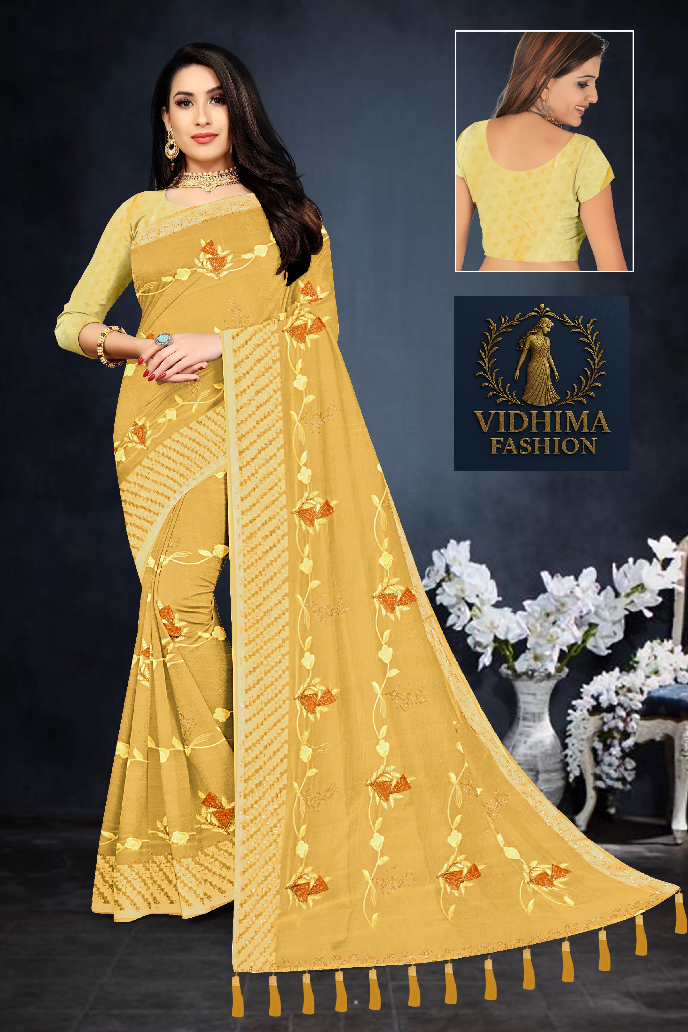 Mustard Yellow Floral Embroidered Georgette Saree