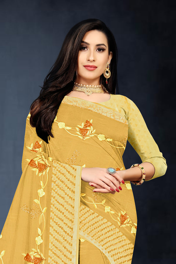 Mustard Yellow Floral Embroidered Georgette Saree