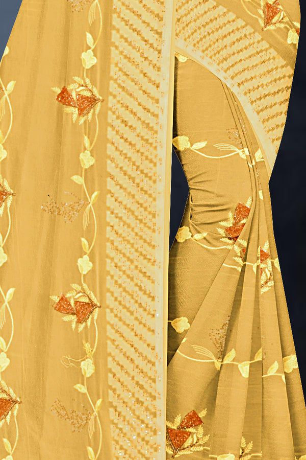Mustard Yellow Floral Embroidered Georgette Saree
