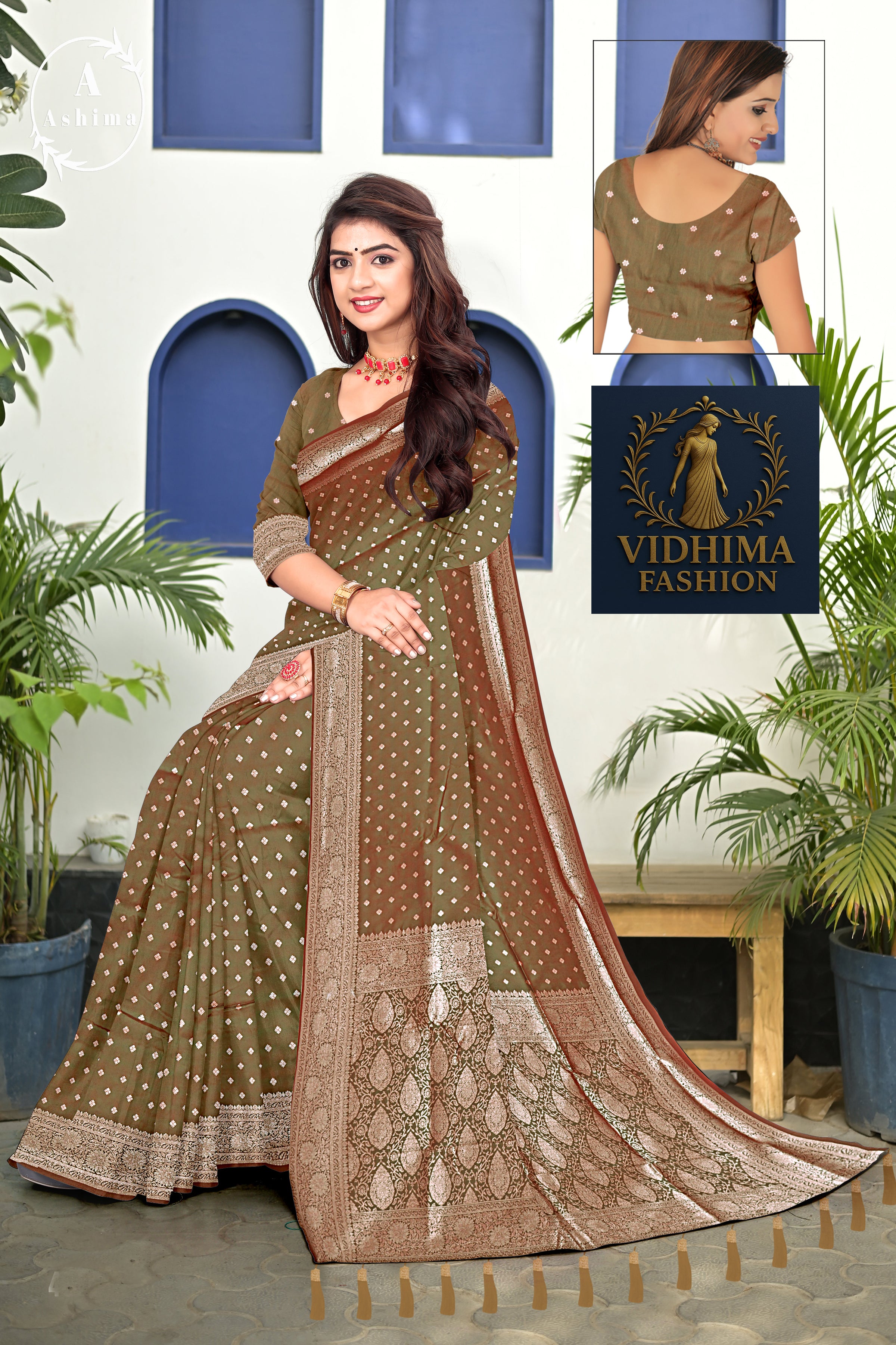 Olive Brown Banarasi Silk Saree