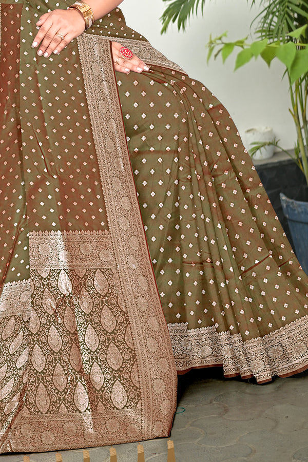 Olive Brown Banarasi Silk Saree