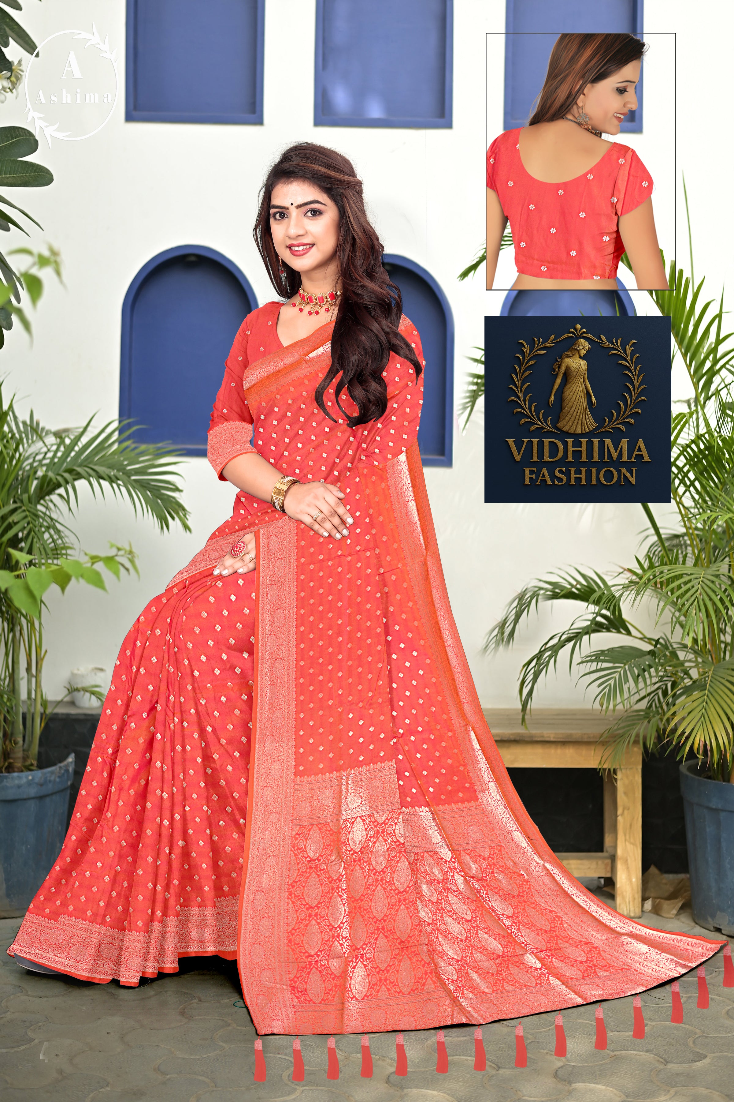 Coral Red Banarasi Silk Saree