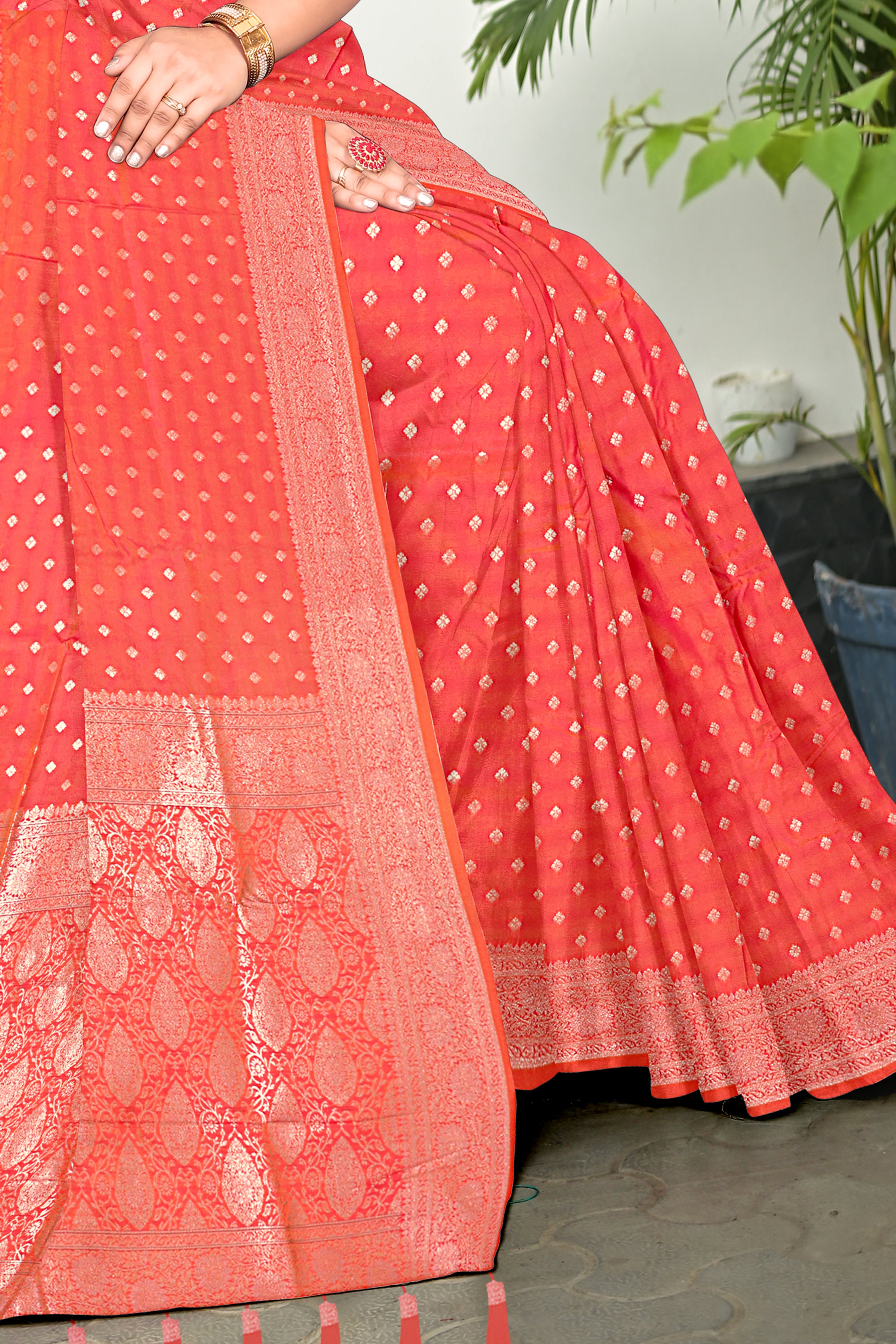 Coral Red Banarasi Silk Saree