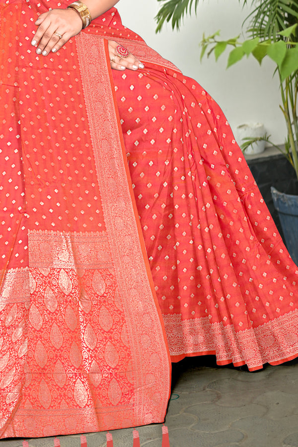 Coral Red Banarasi Silk Saree