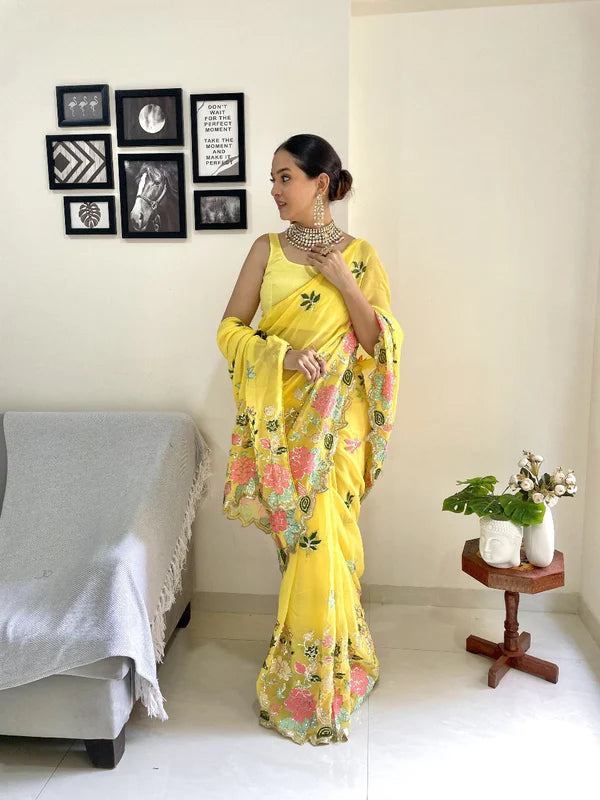 Sunlit Bloom – Yellow Sequin Embroidered Net Saree