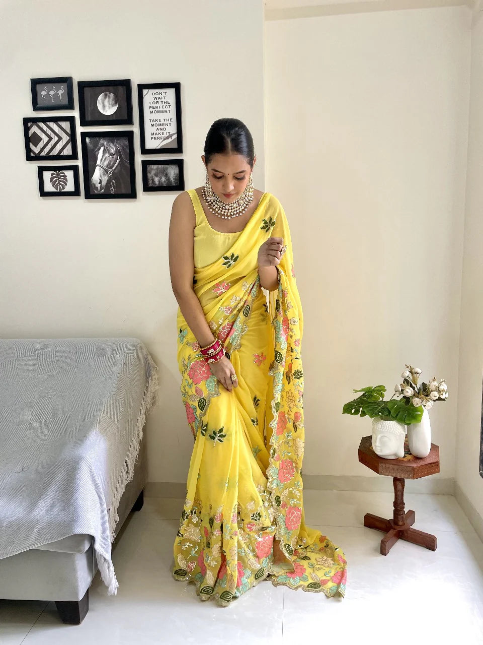 Sunlit Bloom – Yellow Sequin Embroidered Net Saree