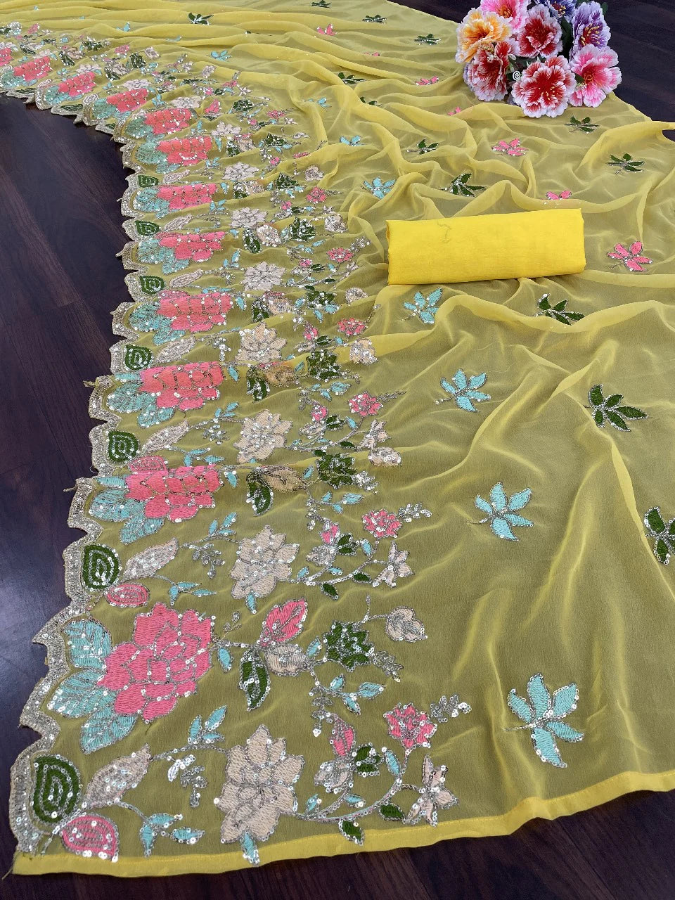 Sunlit Bloom – Yellow Sequin Embroidered Net Saree