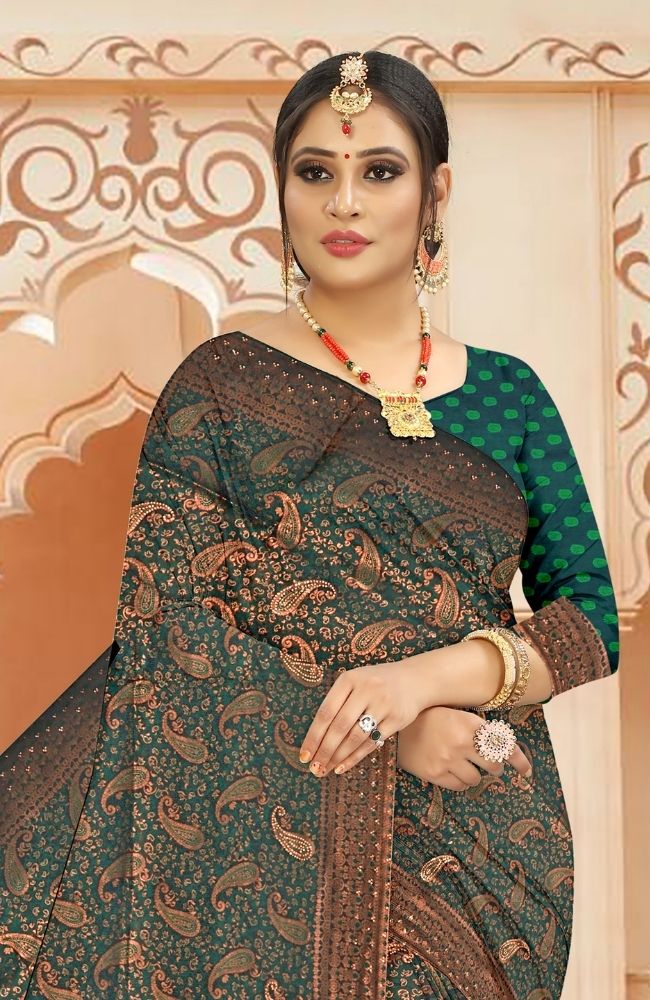 Kanjivaram Silk Saree in Deep Emerald Green with Antique Copper Zari and Traditional Paisley Motifs