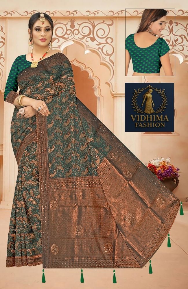 Kanjivaram Silk Saree in Deep Emerald Green with Antique Copper Zari and Traditional Paisley Motifs