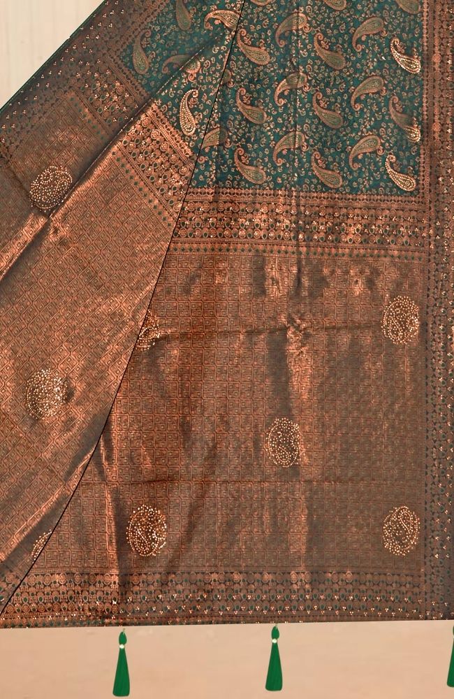 Kanjivaram Silk Saree in Deep Emerald Green with Antique Copper Zari and Traditional Paisley Motifs