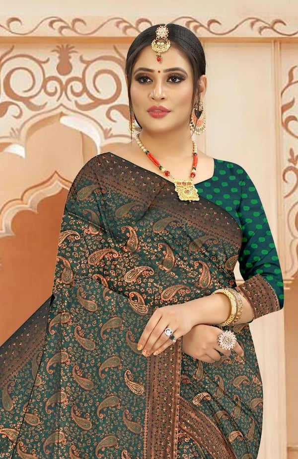 Kanjivaram Silk Saree in Deep Emerald Green with Antique Copper Zari and Traditional Paisley Motifs