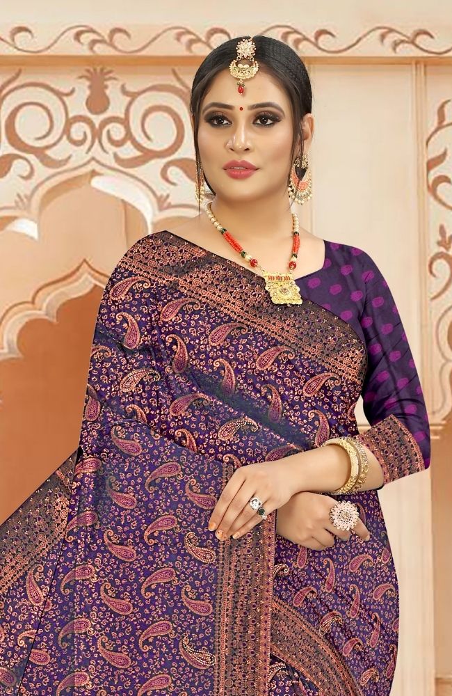 Kanjivaram Silk Saree in Royal Purple with Copper Zari Border & Paisley Weave