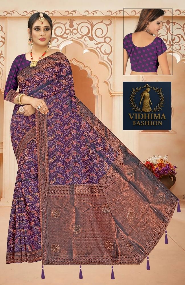 Kanjivaram Silk Saree in Royal Purple with Copper Zari Border & Paisley Weave