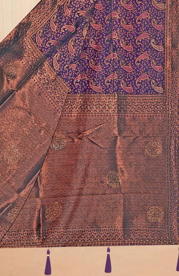 Kanjivaram Silk Saree in Royal Purple with Copper Zari Border & Paisley Weave