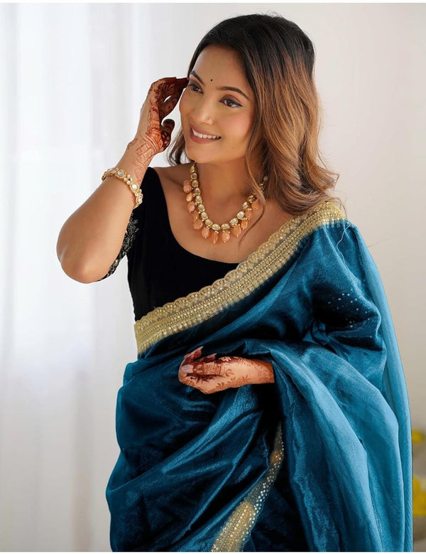 Velvet Royale – Teal Blue Velvet Saree with Golden Border